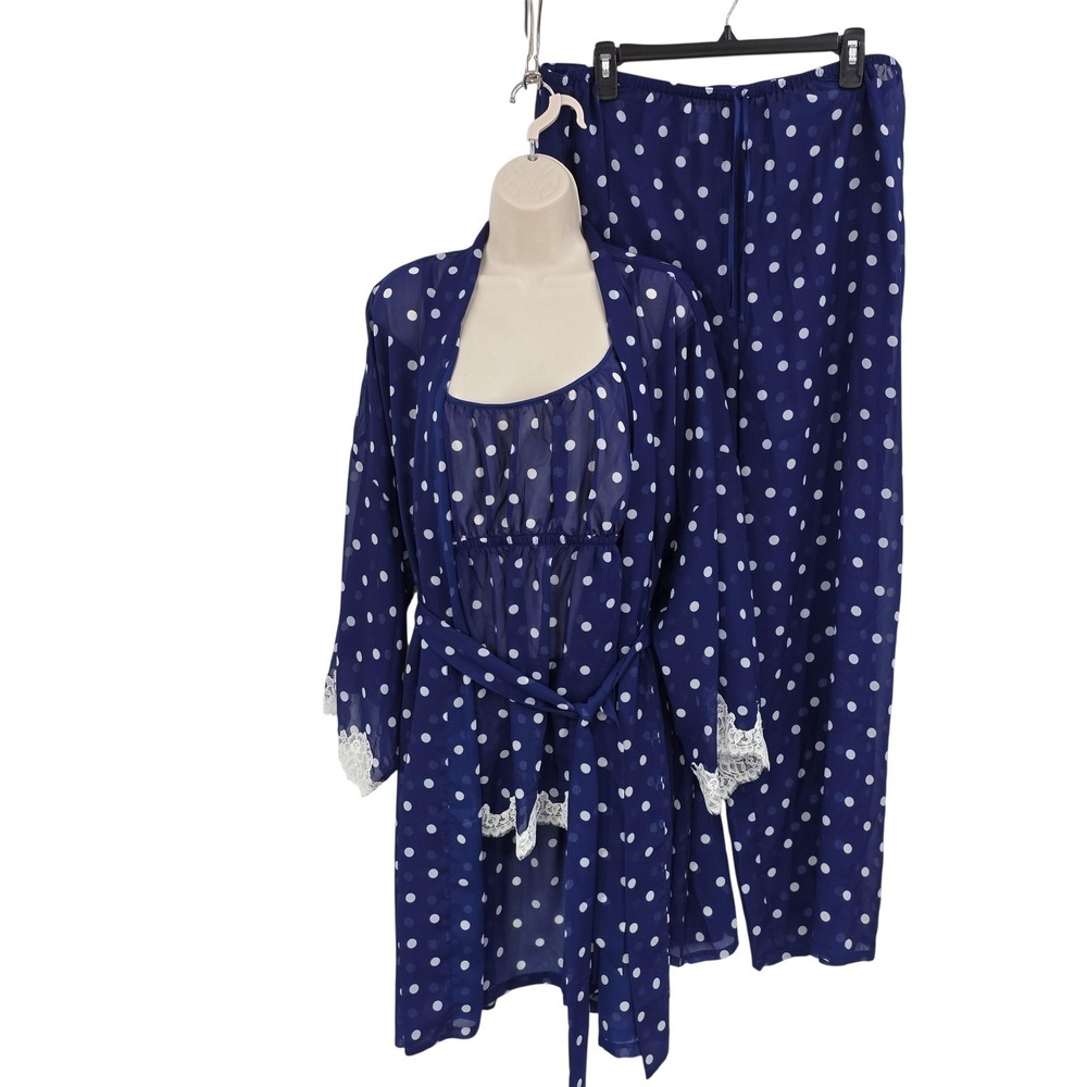 Soft Surroundings Pajama Set Women XL Blue Polka Dot Cami Pants Robe Belted